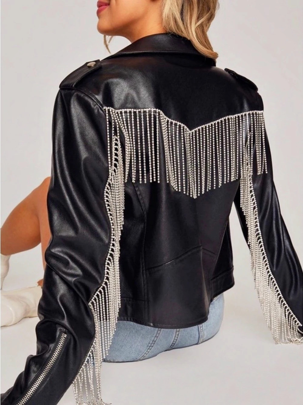 NWT Buddy Love Rife Crystal Fringe Vegan Leather Jacket Black size Small